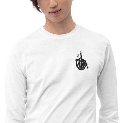 Skeleton Middle Finger Embroidered Men’s Long Sleeve Shirt